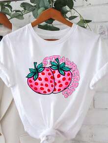 1 pieza de camiseta de manga corta de verano con estampado de fresas, estilo femenino, talla grande, para mujer, de moda casual, con cuello redondo, para primavera-verano, adecuada para uso diario, compras, fiestas, desplazamientos, versátil, elegante, 180g, 100% algodón. - Blanco - Ver 6