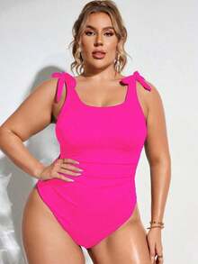 1 pieza Traje de baño de una sola pieza con fruncido de unicolor, estilo de vacaciones en la playa de verano para tallas grandes - Rosa Fucsia - Ver 5