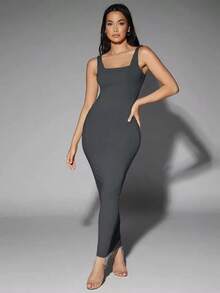 Vestido de tirantes de cuello de pico sólido, vestidos pastel para mujeres - Gris Oscuro - Ver 5
