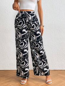 Pantalones de pierna ancha con estampado de mármol - Blanco y Negro - Ver 6