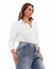 Camisa de manga larga con cuello vuelto y botones para mujer de talla grande, elegante camisa blanca de otoño - Blanco - Ver 5