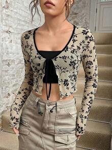 Camisa Mujer De Malla Transparente Con Estampado De Plantas Y Lazada Frontal - Albaricoque - Ver 6