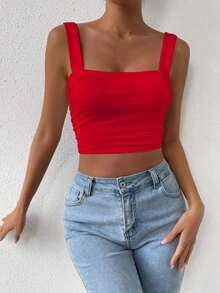 Top Cami Ajustado de Pliegues unicolor y Corto para el Verano - Rojo - Ver 4