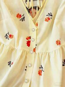 Blusa de mujer de talla grande con estampado floral de gasa, estilo casual de frente abierto tipo resort, versátil para primavera, verano y otoño - Amarillo claro - Ver 4