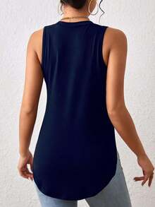 1 pieza Camiseta casual de mujer de cuello redondo y bajo con abertura lateral de un solo color - Azul marino - Ver 2