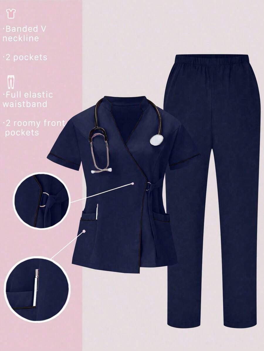 Conjunto de uniformes médicos: Parte superior de cuello en V de manga corta y pantalones para trabajadores de la salud - Azul marino - Ver 1