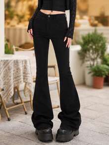 YEAE | Jeans de campana largos y sexy para mujer, ajuste ceñido, denim casual negro con estiramiento medio - Negro - Ver 2