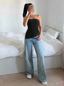 Top bandeau con pliegues en el bajo en color borgoña sólido - Uso casual diario, para usar en el Día de San Valentín - Negro - Ver 5