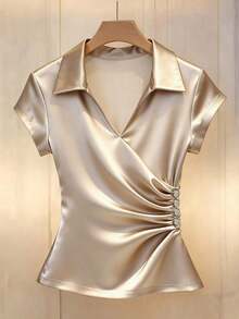 de verano elegante para mujer con cuello en V, mangas cortas y drapeado, unicolor, top de satén blanco para fiestas, salidas a la playa y eventos - Champán - Ver 1