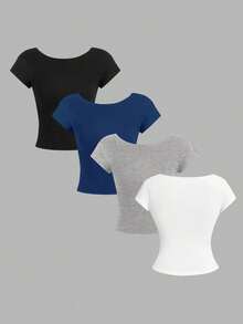 4 piezas de camisetas de mujer de cuello redondo, ajustadas, con espalda calada, de estilo casual y liso, versátiles para el verano - Multicolor 2 - Ver 2