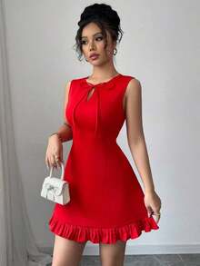 Nuevo vestido mini ajustado de mujer con cuello redondo, diseño de lazo, abertura lateral sin mangas, vestido de oficina, cita y fiesta, elegante y versátil con diseño de color block y volantes - Rojo - Ver 5