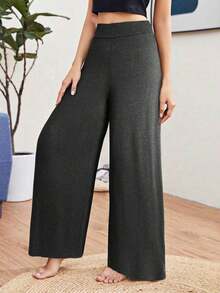 Pantalones casuales de mujer de cintura alta, sueltos, de unicolor y de pierna ancha - Gris Oscuro - Ver 3