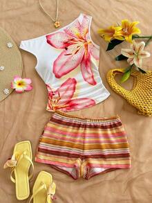 Nuevo conjunto casual de 2 piezas para mujer con hombro asimétrico, textura esponjosa, estampado floral y espalda descubierta, ideal para vacaciones, boda, graduación, Día de San Patricio, primavera, festival de música, elegante estilo boho tropical - Rosa - Ver 9