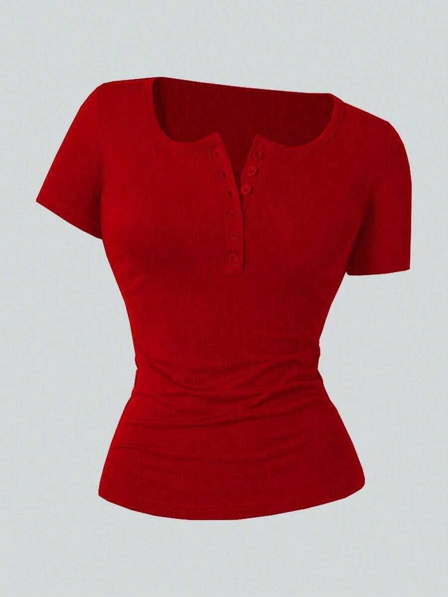 de manga corta y ajuste slim para mujer, de unicolor con media tapeta abotonada para el verano - Rojo - Ver 1