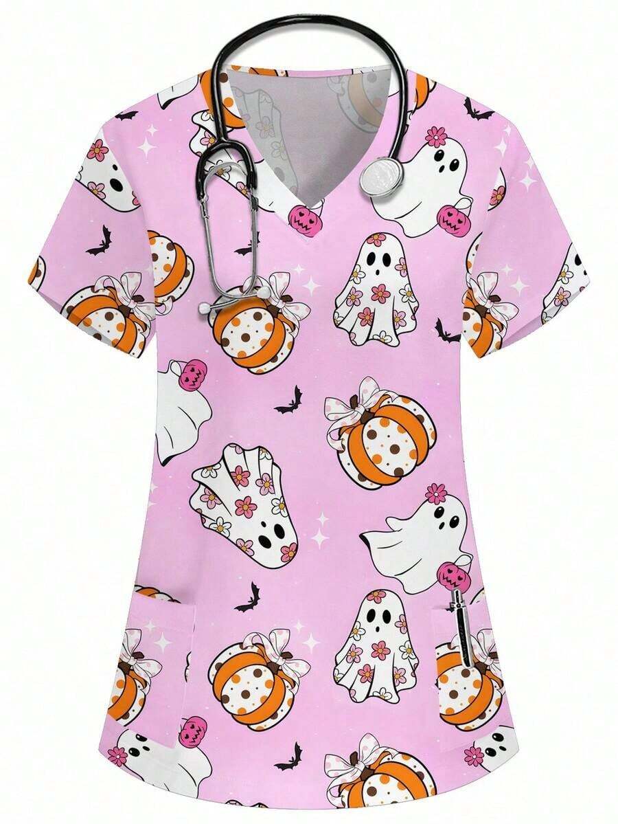 Blusa de mujer con cuello en V blanco, manga corta, con doble bolsillo, con estampado de dibujos animados lindos, estampado de animales de granja, uniforme de enfermera/médico, ropa de trabajo de unicolor para peluquería de mascotas, bata de labo - Rosa - Ver 1