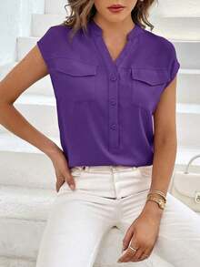 Camisa casual de mujer de manga corta con bolsillo, cuello en V con muesca y unicolor para uso laboral - Morado Violeta - Ver 3