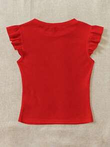 Set de 2 tops de camiseta de cuello redondo ajustados de tela acanalada en negro y rojo rosa, apropiados para verano con mangas con volantes, adecuados para salir - Multicolor 12 - Ver 7