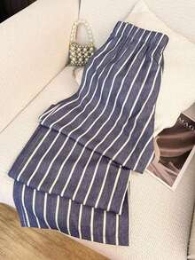 Pantalones rectos con cordón en la cintura, estilo casual a rayas, aptos para uso en casa, al aire libre, vacaciones, trayecto diario y uso casual diario - Multicolor - Ver 2