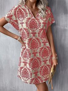 Vestido casual de mujer con estampado floral, cuello en V y manga corta para vacaciones - Rojo y blanco - Ver 1