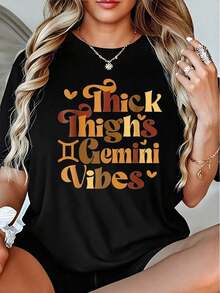 Women's Gemini Zodiac Print T-Shirt - 100% Astrology Design, With The Slogan "& Gemini Vibes", Casual Crew Neck Loose Fit T-Shirt, Suitable For Daily Wear, Comfortable Astrology Themed Clothing For All Seasons. - 黑色 - 查看 1