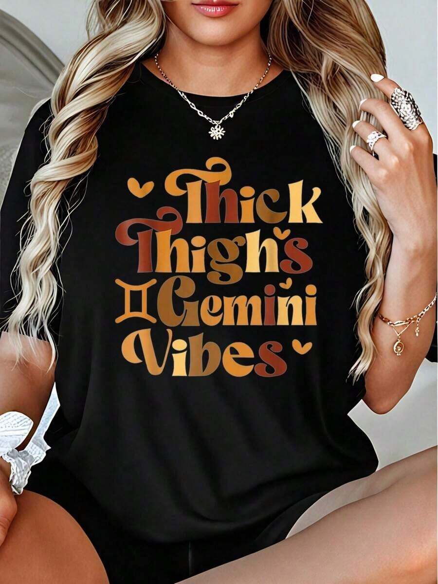 Women's Gemini Zodiac Print T-Shirt - 100% Astrology Design, With The Slogan "& Gemini Vibes", Casual Crew Neck Loose Fit T-Shirt, Suitable For Daily Wear, Comfortable Astrology Themed Clothing For All Seasons. - 黑色 - 查看 1