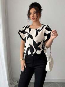 Blusa suelta de manga corta con cuello redondo, borde en contraste y estampado aleatorio, elegante para uso cotidiano, casual y vacaciones - Albaricoque - Ver 5