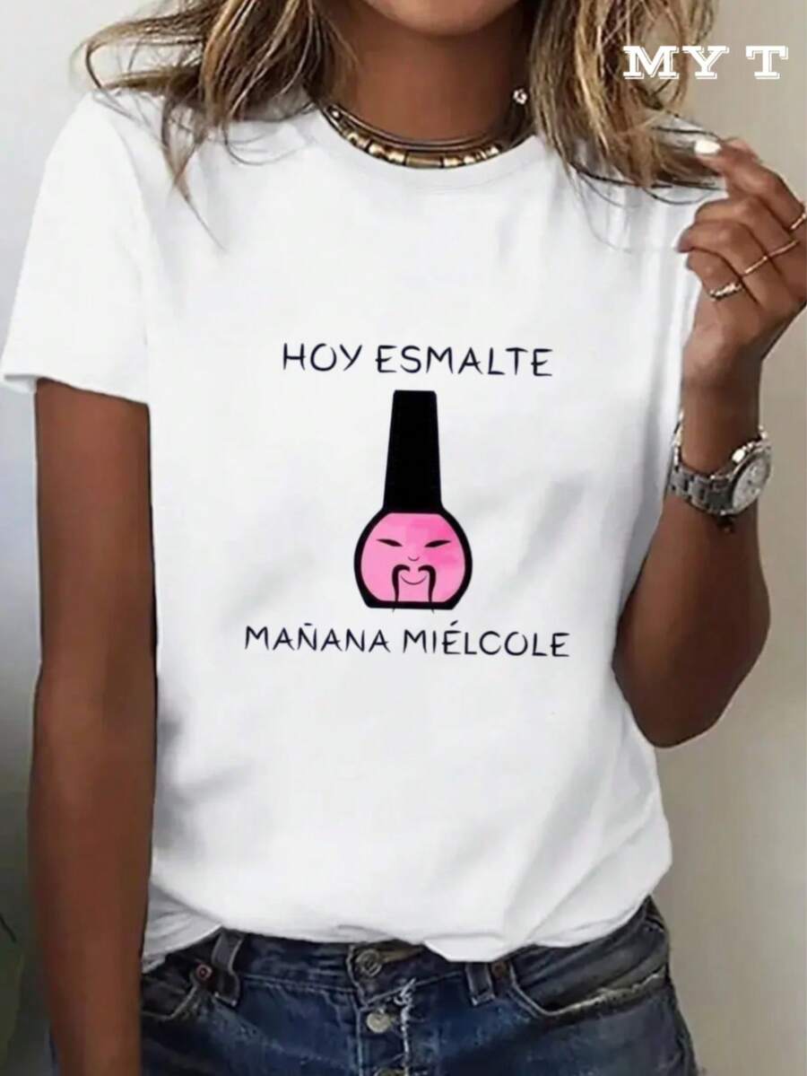 Women's 002|MYAZUL Women's Plus Size Soft T-Shirt With Nail Polish Design "Today Nail Polish Tomorrow Wednesday," Funny Spanish Slogan, Perfect Gift For Nail Lovers And Spa Day Enthusiasts, Fashionable T-Shirt For Mother's Day 2024, Casual Summer Outfit, Women's Summer Dresses, Casual, Perfect For All Seasons, Sizes S - XXL - 白色 - 查看 1