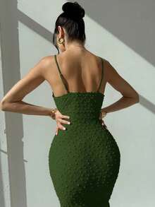 Vestido maxi elegante y romántico de color albaricoque con tirantes finos, cintura recogida, ajuste ceñido y tela texturizada con abertura, adecuado para bodas/citas, primavera/verano - Verde - Ver 2