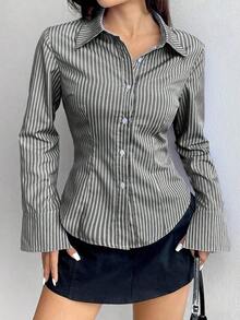 Camisa de manga larga casual a rayas que ciñe la cintura, apta para primavera/verano/otoño, tops de manga larga - Multicolor 2 - Ver 6