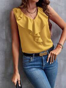 Blusa sin mangas con ribete de volantes, blusas sin mangas de verano elegantes para damas - Amarillo - Ver 3