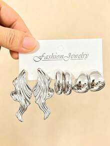 3-9 Pairs Thick Silver Earrings Set, Hypoallergenic Thick Silver Earrings For Women, Multi-Element New Fashion Earring Set - Silver - View 6