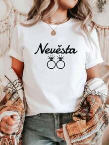 Women's T-Shirt With Czech Wedding Theme Letter Print, Short Sleeve, Round Neck, Casual Top For Summer And Spring, Women's Clothing - 白色 - 查看 6
