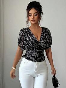 Blusa sexy con mangas de murciélago plisadas y ajustadas - Negro - Ver 5