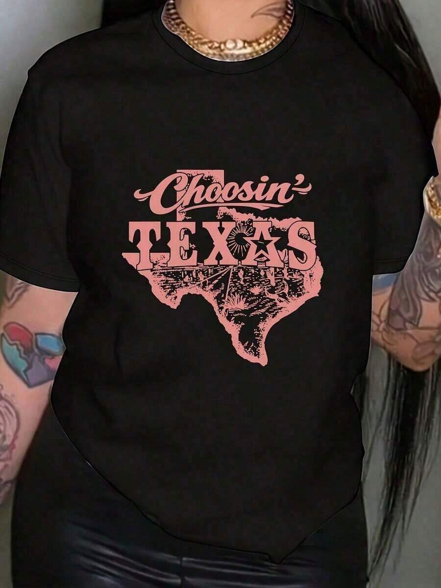 100% Cotton Women's Texas-Themed T-Shirt - Casual Short Sleeve Crew Neck T-Shirt With Texas State Print, Not Compatible With Blouses For Added Style. | Machine Washable Spring & Summer Clothing | Texan Pride Clothing For Everyday Wear And Gifts, 100% Cotton Women's Simple Solid Color T-Shirt, Loose And Slim Fit Casual Short Sleeve - 黑色 - 查看 1