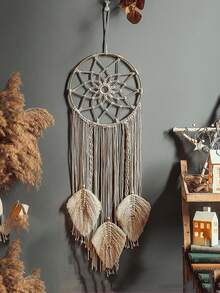 1pc Handmade Woven Dreamcatcher Wall Hanging, Boho Style Woven Tassel Leaf Decor, Neutral Beige Macrame Wall Art, Modern Woven Wall Decor, Boho Bedroom Dreamcatcher Decor - Multicolor - View 6