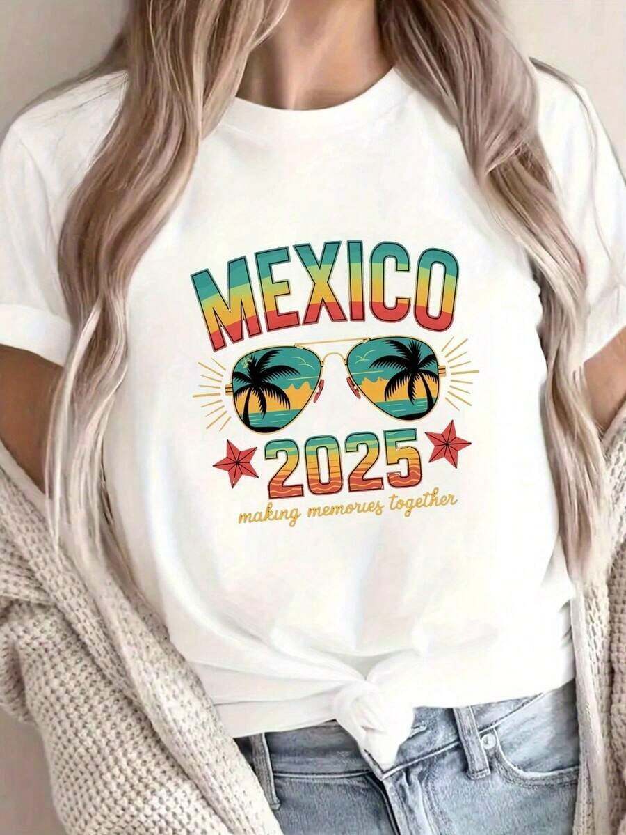 Glasses Mexico Squad Print Cotton T-Shirt, 100% Cotton, Short Sleeve, Round Neck, Casual Style For Summer And Spring, Women's Clothing, Short Sleeve T-Shirt. - 白色 - 查看 1