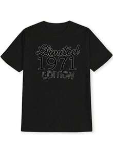 Women's Limited Edition 1971 Black T-Shirt - Casual Short Sleeve Crew Neck T-Shirt With Embossed Letter Print, Soft And Comfortable Fabric For Spring/Summer, Women's T-Shirts, Blouses, Shirt - 黑色 - 查看 4