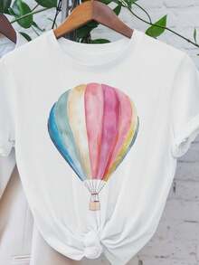 Camiseta Casual Blanca de Manga Corta para Mujer con Estampado de Globo Aerostático en Tonos Rosa Pastel/Melocotón/Beige/Azul/Verde - Cuello Redondo Suave, Corte Relajado, Lavable a Máquina, Top para Todas las Temporadas, Ideal para Conjuntos de Verano, Fiestas y Atuendos Casuales - Regalo para amantes de los patrones - Blanco - Ver 7