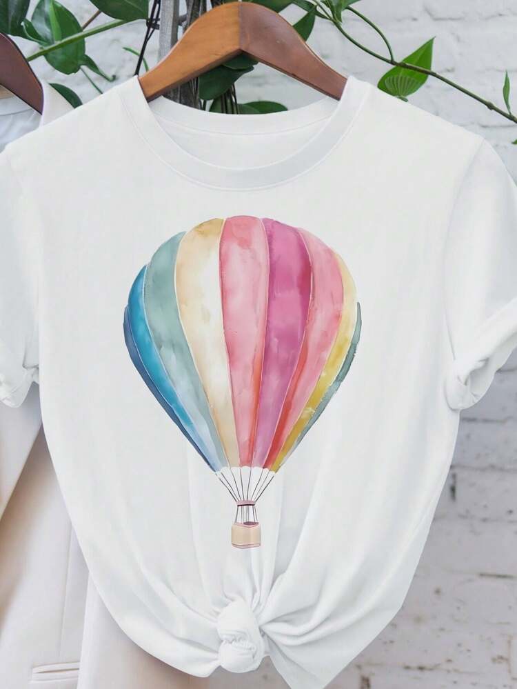 Camiseta de manga corta casual para mujer, edición limitada, con un vibrante estampado de globo aerostático - camiseta de cuello redondo suave, lavable aáquina, cómoda para todas las estaciones, el regalo perfecto para ella, Camiseta de mujer de algodón ligero. - Blanco - Añade 7
