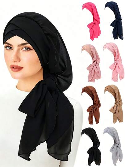 Pre-Tied Chiffon Hijab Turban For Women, Instant Head Scarf Wrap With Bow Tie, Lightweight Soft Headwear For Muslim Prayer & Daily Wear