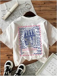 Women's Casual T-Shirt With Double-Sided Print, Spring-Summer Fashion, Vintage Sardine And Wave Print, Short-Sleeve Crew Neck T-Shirt, Versatile For Everyday Wear And Outdoor Activities. 100% Cotton, Durable. - 白色 - 查看 1