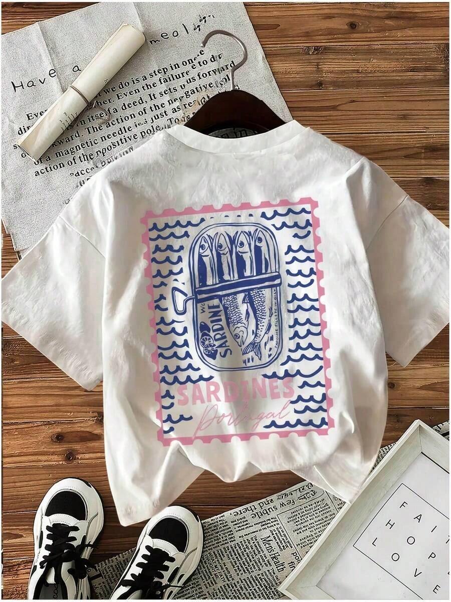 Women's Casual T-Shirt With Double-Sided Print, Spring-Summer Fashion, Vintage Sardine And Wave Print, Short-Sleeve Crew Neck T-Shirt, Versatile For Everyday Wear And Outdoor Activities. 100% Cotton, Durable. - 白色 - 查看 1