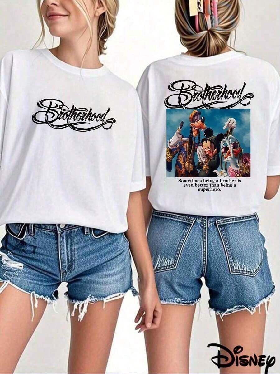 Camiseta Casual [] para Mujer, Manga Corta para Hombre y Mujer, Doble Cara con Estampado de "Colaboración de Personajes  Estilo Hip-Hop Urbano", 100% Algodón Puro, Cómoda y Transpirable, Ideal para el Ocio de Verano, Vacaciones, Juego, Uso Diario, Apta para Hombres y Mujeres, Camiseta con Estampado de Dibujos Animados en la Parte Delantera y Trasera, 100% Algodón, Duradera. - Blanco - Ver 1