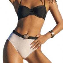 Bikini de cintura alta con adornos de conchas, traje de baño de dos piezas estilo vacaciones, bikini adelgazante. - En blanco y negro - Ver 6