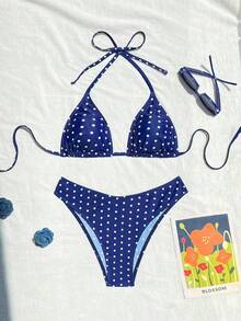 Nuevo conjunto de bikini de dos piezas para mujer, sexy, con cordones, de lunares, negro, para la playa en verano. - Azul - Ver 10