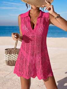 Cubre vestido de punto calado de unicolor para mujer, para el verano - Rosa Fucsia - Ver 6