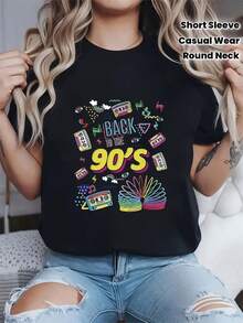 1 Retro Vintage 90s Piece, Evoking The 90s, Combined With Cassette Tape, Rainbow Spiral Notebook, Women's Short-Sleeved Crew Neck T-Shirt With Vintage Graffiti Print, 180g 100% Cotton. - 黑色 - 查看 2