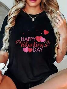 1 Piece 180g Unisex Loose Crewneck Short-Sleeve T-Shirt Playera con texto Happy Valentine´s Day, diseño moderno, ideal para uso diario, llamativo, moderno, holgado, cuello redondo, manga corta, ideal para el del día del amor y friendship. - Negro - Ver 1