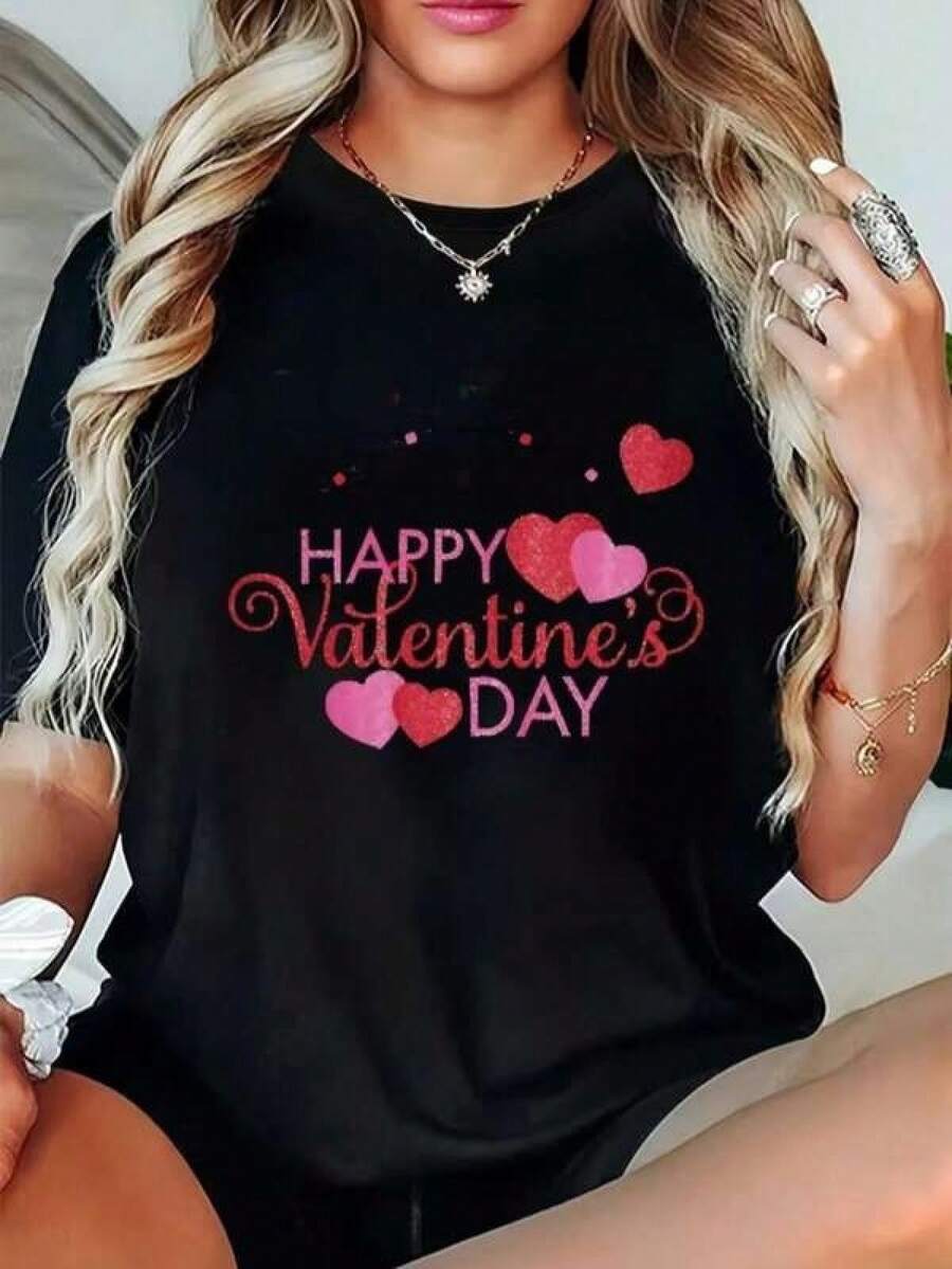 1 Piece 180g Unisex Loose Crewneck Short-Sleeve T-Shirt Playera con texto Happy Valentine´s Day, diseño moderno, ideal para uso diario, llamativo, moderno, holgado, cuello redondo, manga corta, ideal para el del día del amor y friendship. - Negro - Ver 1