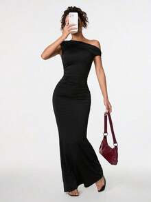 Ropa de verano, atuendos para citas diarias y viajes, atuendos de fiesta, atuendos interiores elegantes para mujeres, atuendos para salir, vestido asimétrico de sirena extra largo con hombros caídos, atuendos de club para mujeres, atuendos de - Negro - Ver 4